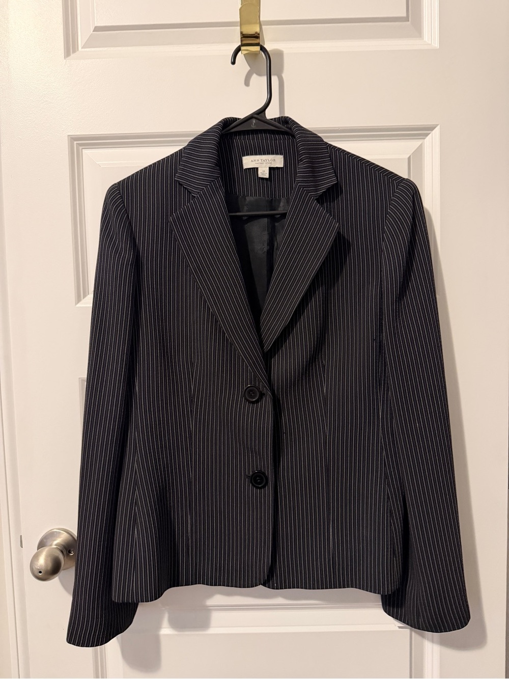 Ann Taylor Black Pinstripe Blazer with Notch Lapel
